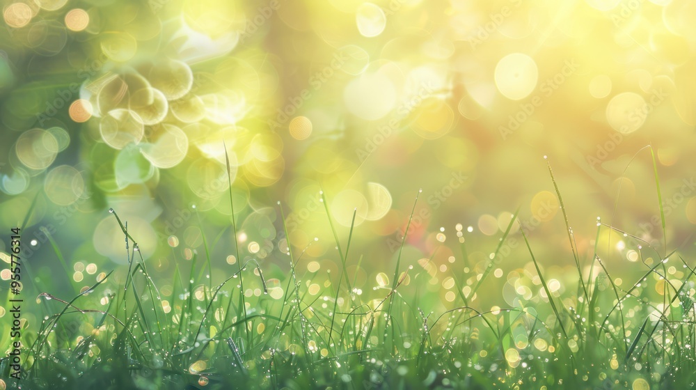 Obraz premium Dewey Grass Meadow with Warm Sunlight