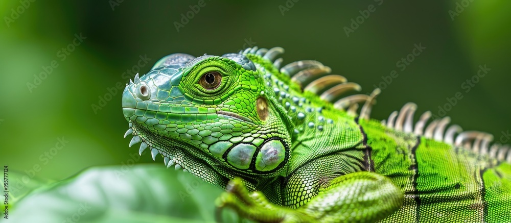 A Large Green Iguana Up Close Large Green Iguana On A Green Background A Large Green Iguana Up Close Large Green Iguana On A Green Background