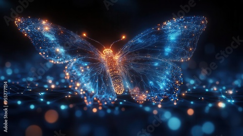 dynamic digital transformation concept visualized as glowing butterfly lifecycle stages morphing from cocoon to majestic creature against vibrant blue tech background