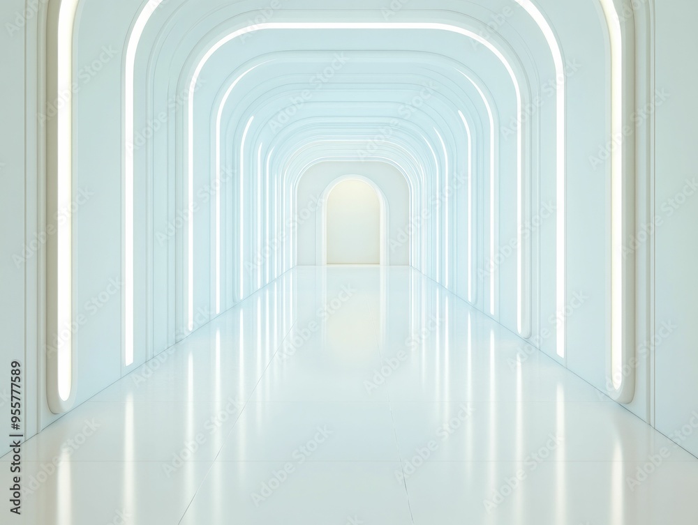 A pristine and futuristic hallway illuminated by arching lights leads to a glowing doorway A pristine and futuristic hallway illuminated by arching lights leads to a glowing doorway