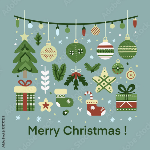 Christmas set of vector isolated elements on blue background. Vector illustration of Christmas items