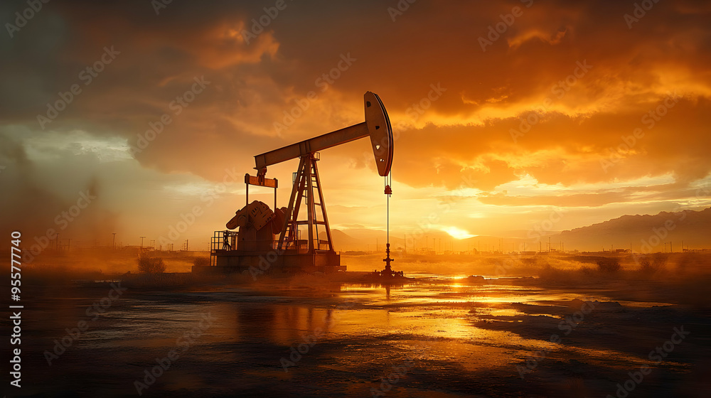 Oil pump jack silhouetted against a dramatic sunset. Oil pump jack silhouetted against a dramatic sunset.