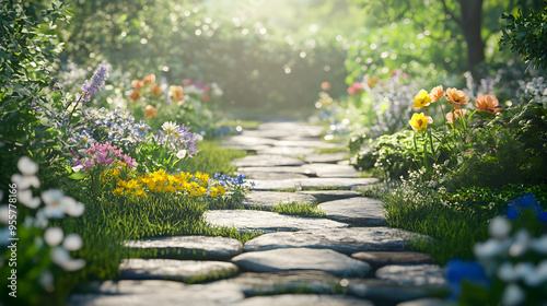 Spring garden vibrant flowers and stone pathway