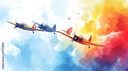 A vibrant watercolor scene with airplanes in contrasting colors, soaring together through a bright and clear blue sky, creating a sense of unity