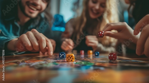 Close-up of friends rolling dice and moving pieces on a board game, capturing the excitement and focus.