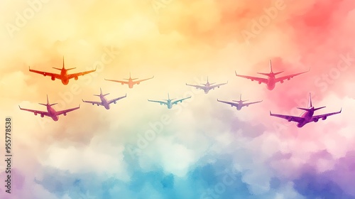 A dynamic watercolor scene of colorful airplanes flying in formation, each plane painted in a unique hue, against a dreamy pastel sky