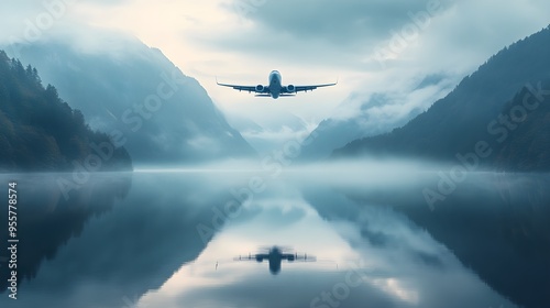 A serene landscape with a plane soaring above a tranquil river, its reflection perfectly mirrored on the water's surface, surrounded by misty mountains in soft pastels