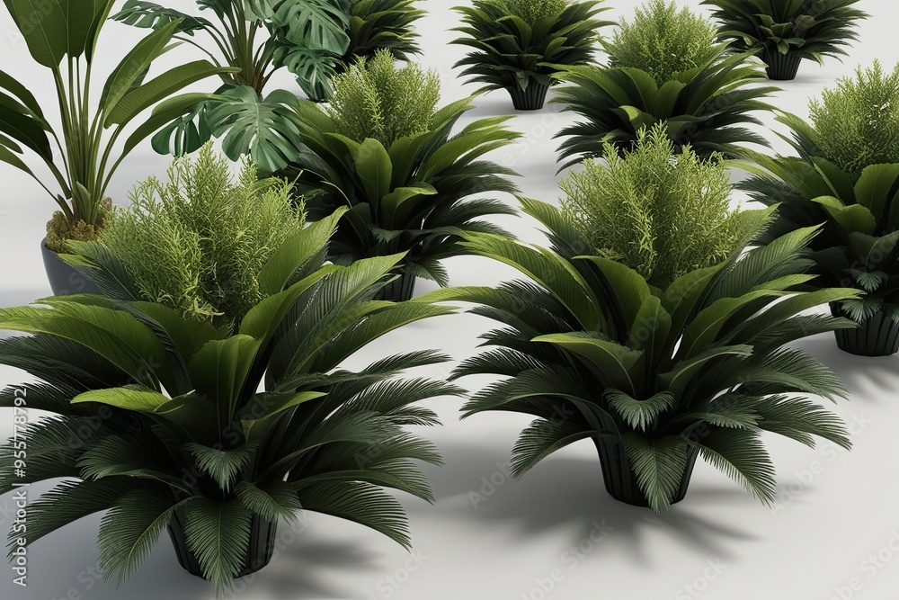 Vibrant 3D Rendering of Rhapis Excelsa Plants with Tropical Leaves and Rich Texture Vibrant 3D Rendering of Rhapis Excelsa Plants with Tropical Leaves and Rich Texture
