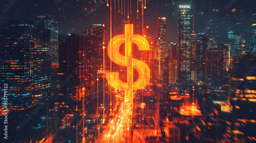 Dollar sign shines over urban landscape abstract Dollar sign shines over urban landscape abstract