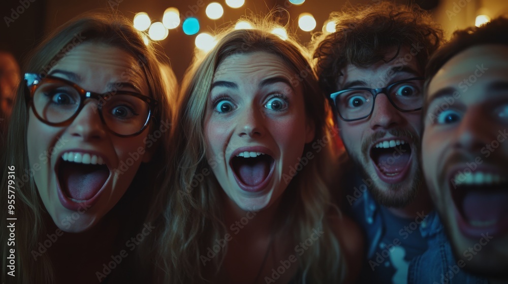 Obraz premium Close-up of friends with excited expressions as they prepare to surprise someone at a party.