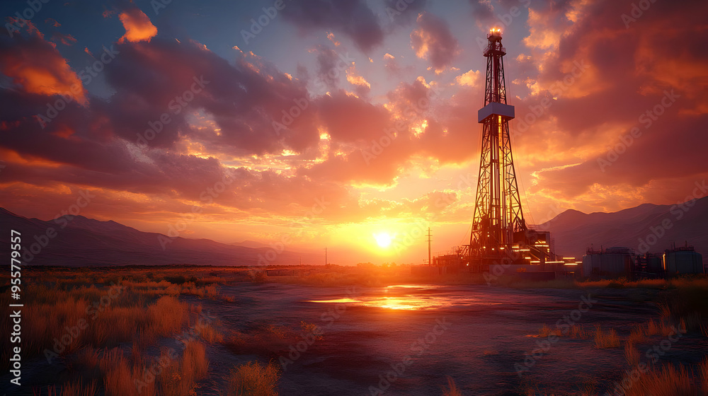 Sunset over an oil drilling rig in a vast landscape. Sunset over an oil drilling rig in a vast landscape.