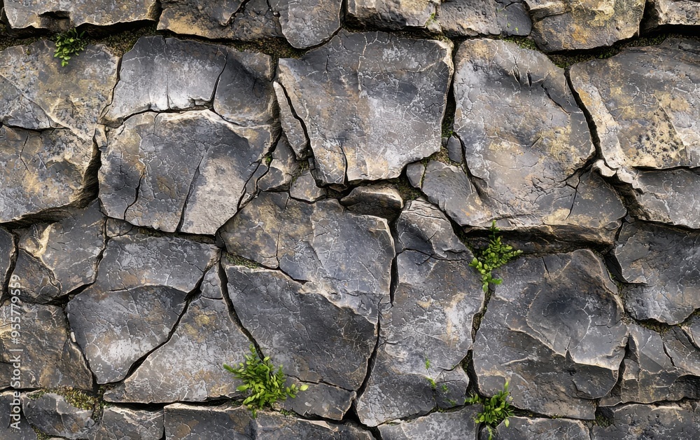 Intricate Details of Weathered Stone Surface Showcasing Cracks and Small Greenery, Offering a Glimpse Into Nature's Textures Intricate Details of Weathered Stone Surface Showcasing Cracks and Small Greenery, Offering a Glimpse Into Nature's Textures