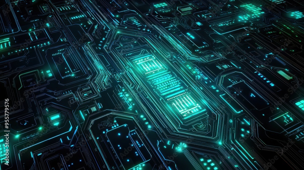 Fototapeta premium Futuristic Digital Background Featuring a Glowing Blue Circuit Pattern With Intricate Designs and Vibrant Lights