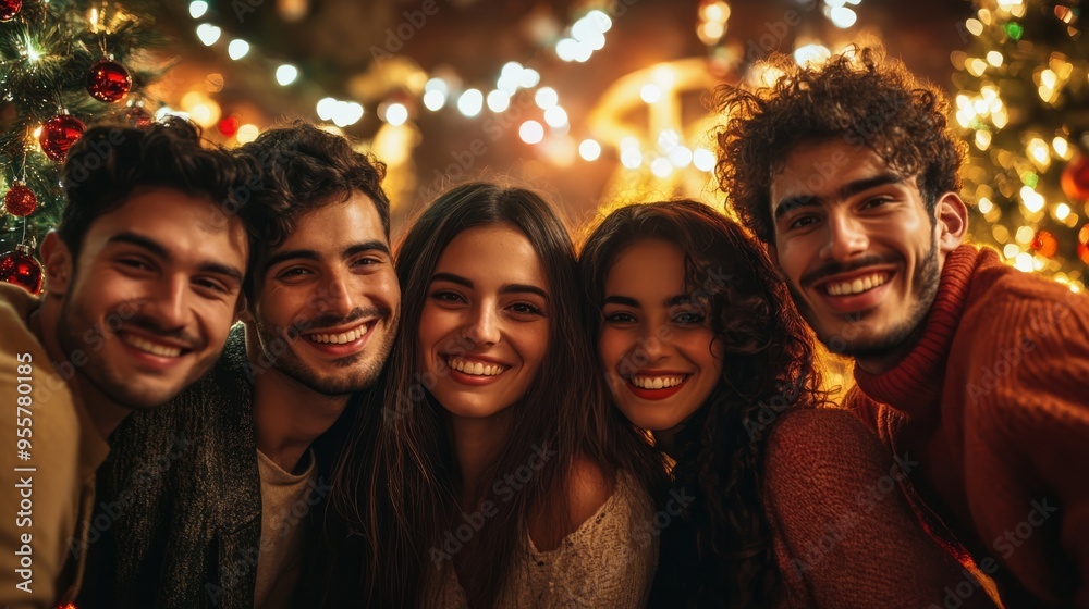 Obraz premium A group of friends posing together in front of a festive backdrop in party, everyone smiling and enjoying the moment.