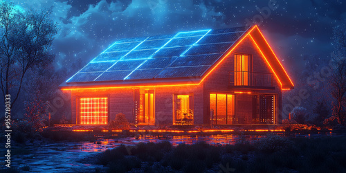 A modern house with solar panels on the roof glows with orange light at night. It looks like a futuristic home with the latest technology.