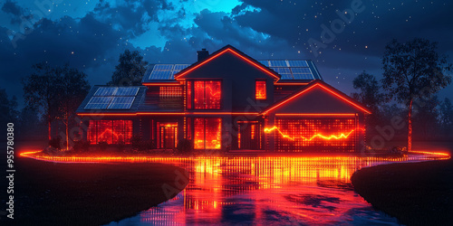 A modern house with solar panels illuminated by red lights in the shape of a stock market graph.