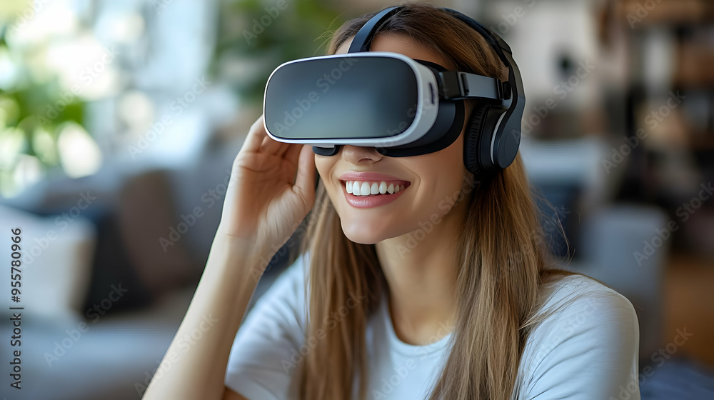 Woman enjoying virtual reality experience with a headset. Woman enjoying virtual reality experience with a headset.