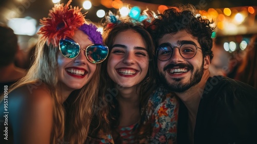 Portrait of friends at a costume party, their outfits matching a creative theme, and big smiles on their faces.