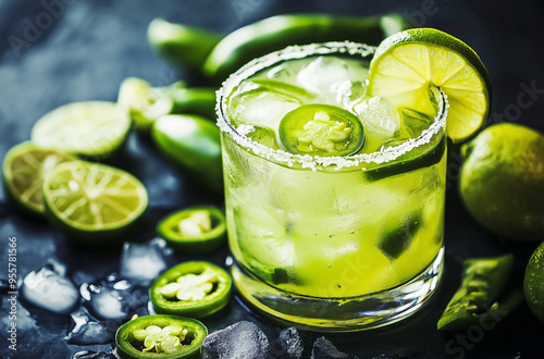 Uma imagem em close-up de um coquetel de margarita picante em uma taça, decorado com fatias de limão e jalapeño, cercado por mais limões e jalapeños, sobre uma mesa escura.