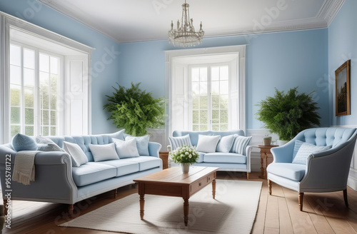 retro styled living room, very airy and spacious, in white and blue shades, big windows, fresh plants
