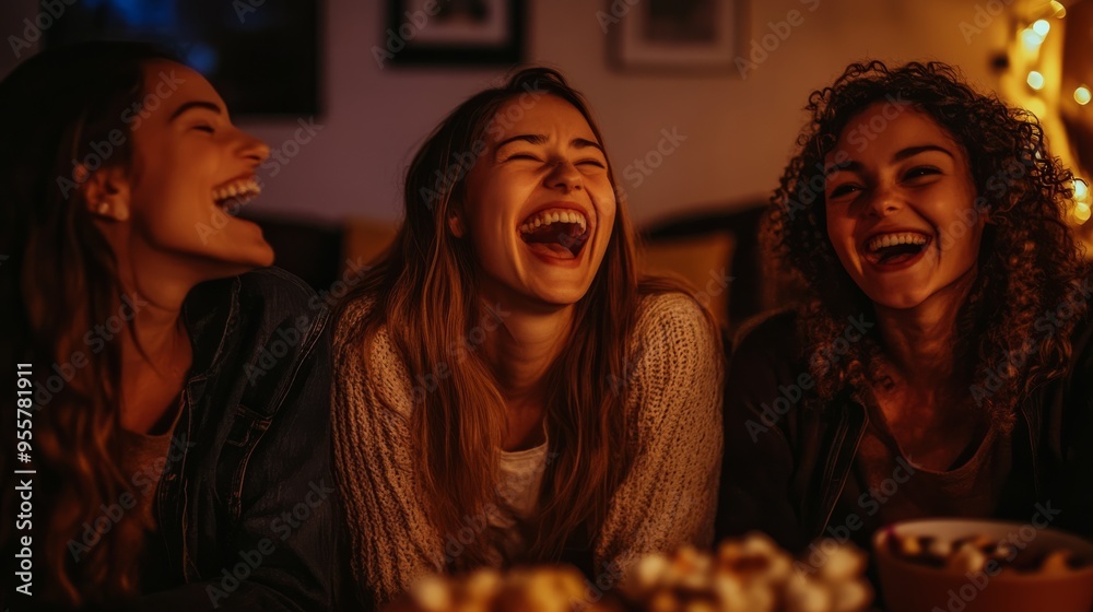 Portrait of friends laughing at a funny scene during a movie night, their expressions full of joy. Portrait of friends laughing at a funny scene during a movie night, their expressions full of joy.