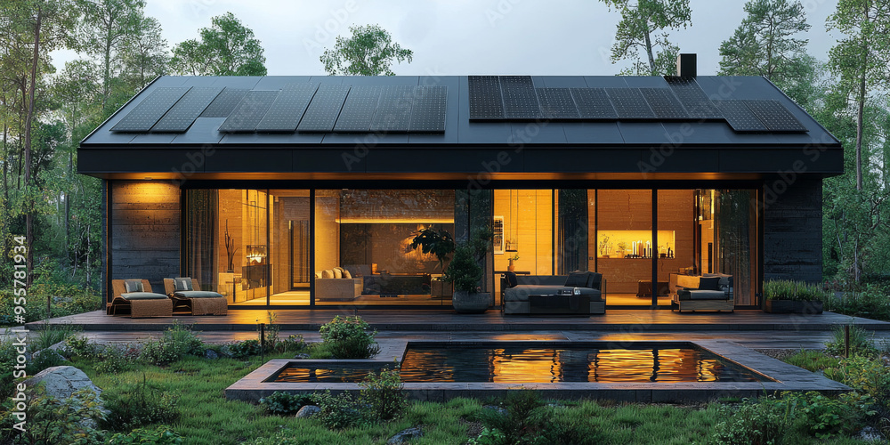 A modern home with a sleek black exterior and solar panels on the roof, nestled in a wooded area. The home is lit up with warm light, creating a cozy ambiance. A modern home with a sleek black exterior and solar panels on the roof, nestled in a wooded area. The home is lit up with warm light, creating a cozy ambiance.