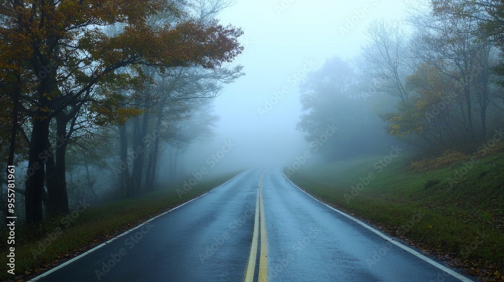 Foggy Road Through Autumn Trees Foggy Road Through Autumn Trees