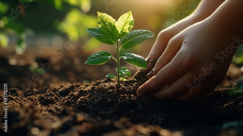 Hand planting a small tree in fertile soil with sunlight through the leaves. This image emphasizes sustainability and environmental conservation, with high quality texture and bright colors.