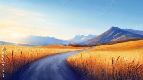 Winding Road Through Golden Field and Mountain Landscape