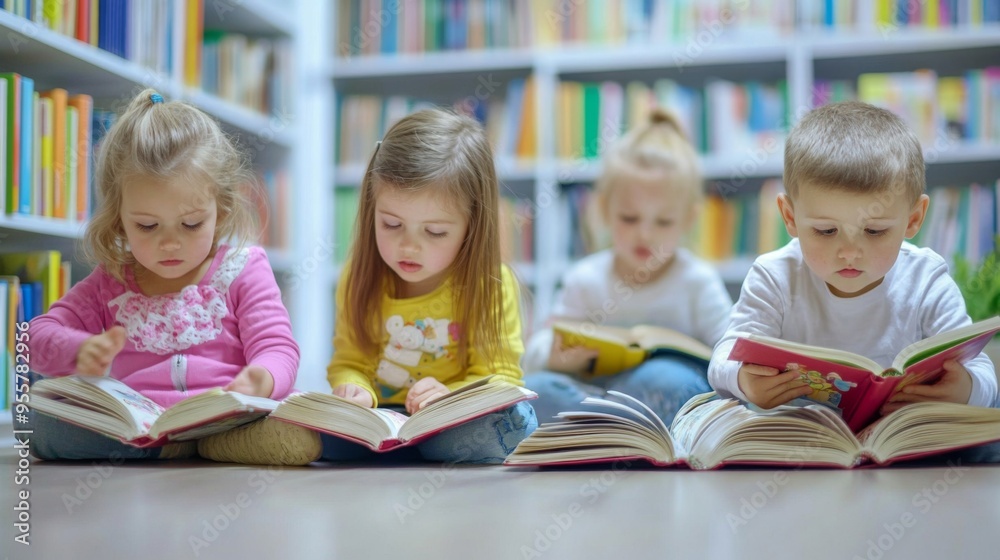 Children Reading Books in Library Children Reading Books in Library