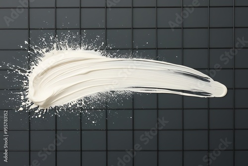 Ivory Stroke of Gesso Splash Isolated on Dark Grid Background photo