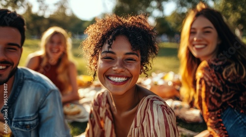 Happy group of friends at a picnic, their smiling faces beaming with happiness and contentment.