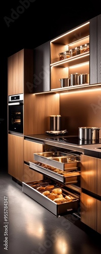 A sleek kitchen with wooden cabinetry and integrated shelving, providing ample storage and a modern look photo