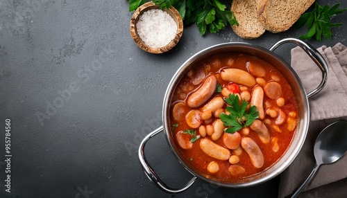 hearty beans stew with sausages, herbs and spices in tomato sauce in a metal casserole on a concrete table, fasolka po bretonsku, polish cuisine, view from above, flatllay, copy space photo