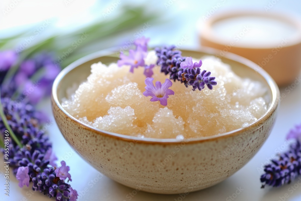 Close-up of a lavender sugar scrub bowl on a table with natural flowers and a relaxing atmosphere for self-care moments Close-up of a lavender sugar scrub bowl on a table with natural flowers and a relaxing atmosphere for self-care moments