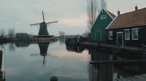 Serene Dutch Landscape with Windmill Reflection photo