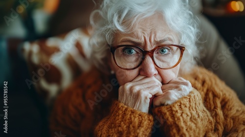 portrait of a senior woman very scared holding her head 