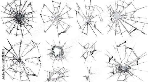 Various patterns of cracks in shattered glass, isolated on a white background, showcasing different types of impacts