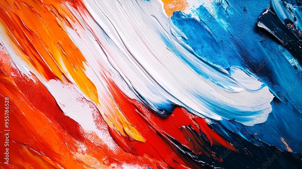 Abstract Oil Painting with Orange, Red, White, and Blue Swirls Abstract Oil Painting with Orange, Red, White, and Blue Swirls