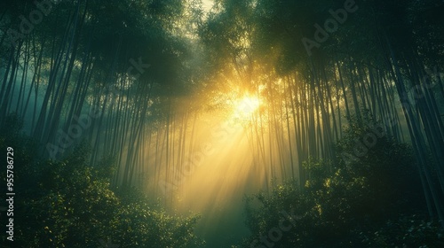 Sunbeams Piercing Through a Foggy Bamboo Forest