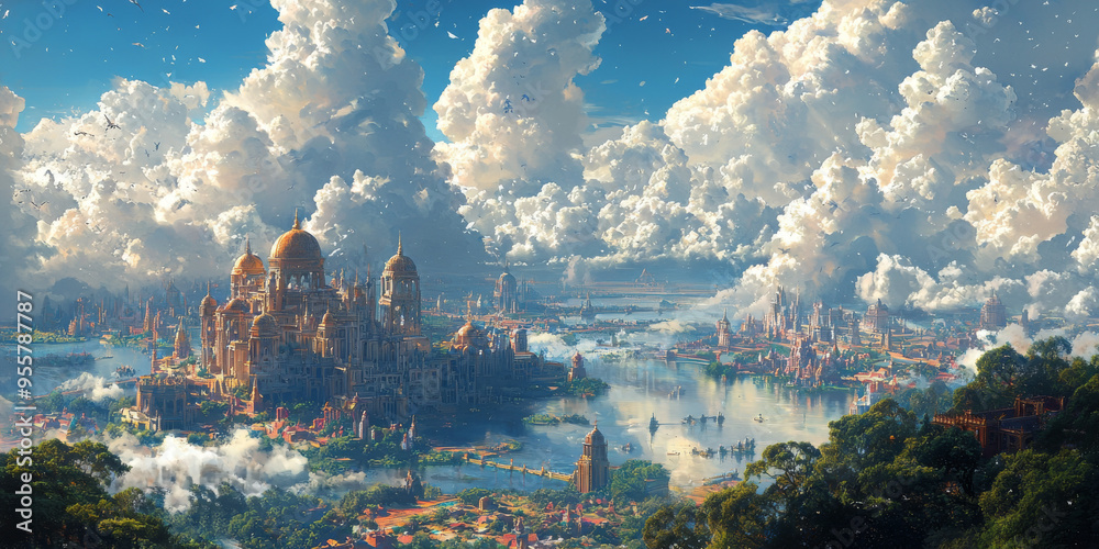 A majestic city with golden domes and towering spires, bathed in sunlight and surrounded by fluffy clouds.