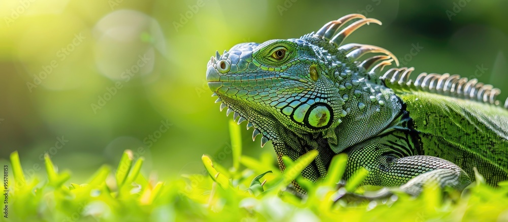 A Large Green Iguana Up Close Large Green Iguana On A Green Background A Large Green Iguana Up Close Large Green Iguana On A Green Background