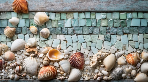 Seashells and Mosaic Tiles on Rustic Wooden Surface photo