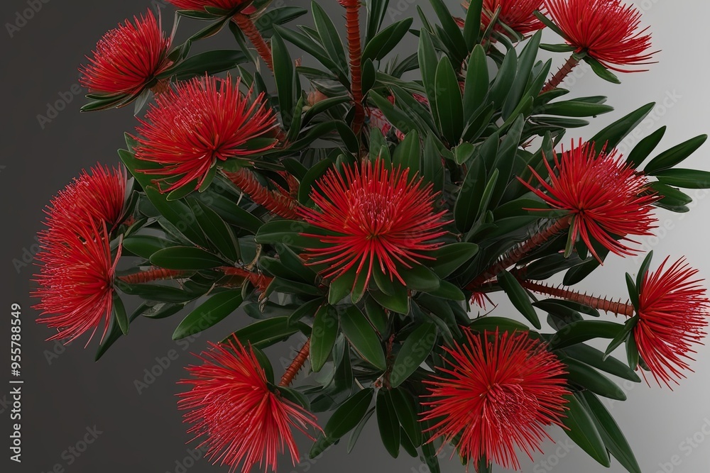 3D Representation of Ruby Red Banksia Spinulosa with Barbed Leaves and Bright Season Blooms