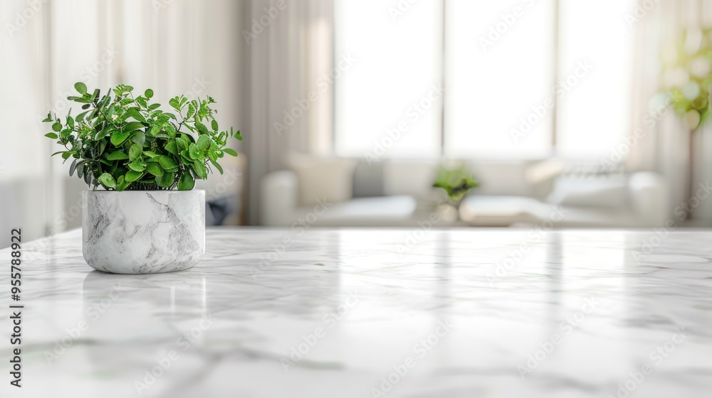White Marble Table with a Green Plant in a White Pot White Marble Table with a Green Plant in a White Pot