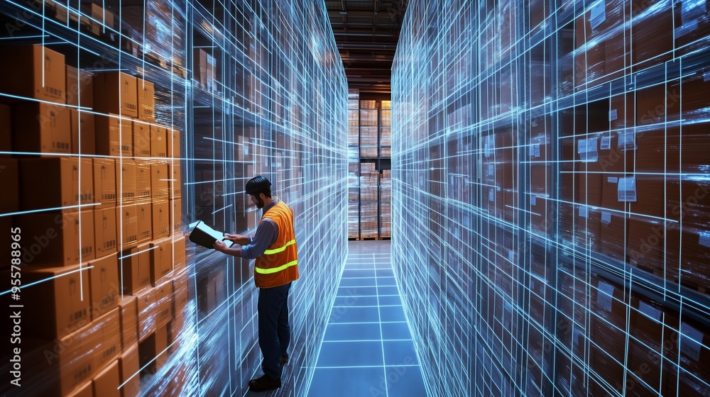 Worker in safety vest scans inventory in a modern warehouse with digital data visualization at dusk Worker in safety vest scans inventory in a modern warehouse with digital data visualization at dusk