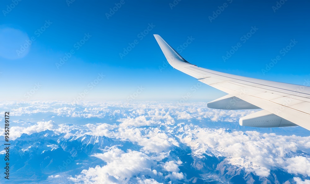 Fototapeta premium Scenic mountain vista seen from an airplane's window, Generative AI