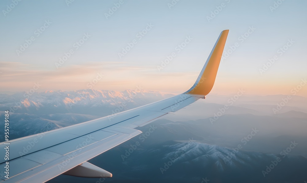 Scenic mountain vista seen from an airplane's window, Generative AI
