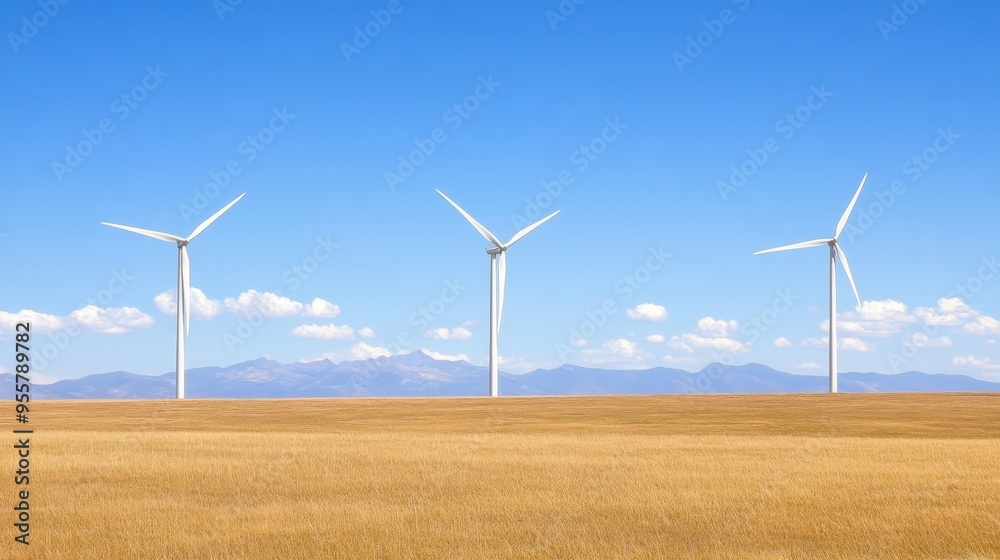 A serene landscape with wind turbines against a clear blue sky, illustrating renewable energy and sustainable practices in nature. A serene landscape with wind turbines against a clear blue sky, illustrating renewable energy and sustainable practices in nature.