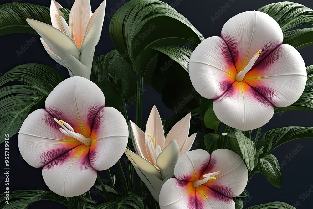 3D Plant Imagery of Exotic Crinum Flowers on a Dark Background 3D Plant Imagery of Exotic Crinum Flowers on a Dark Background